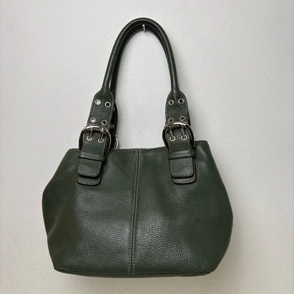 TIGNANELLO Dark Green Leather Satchel Silver Buckles Y2K - Picture 7 of 16
